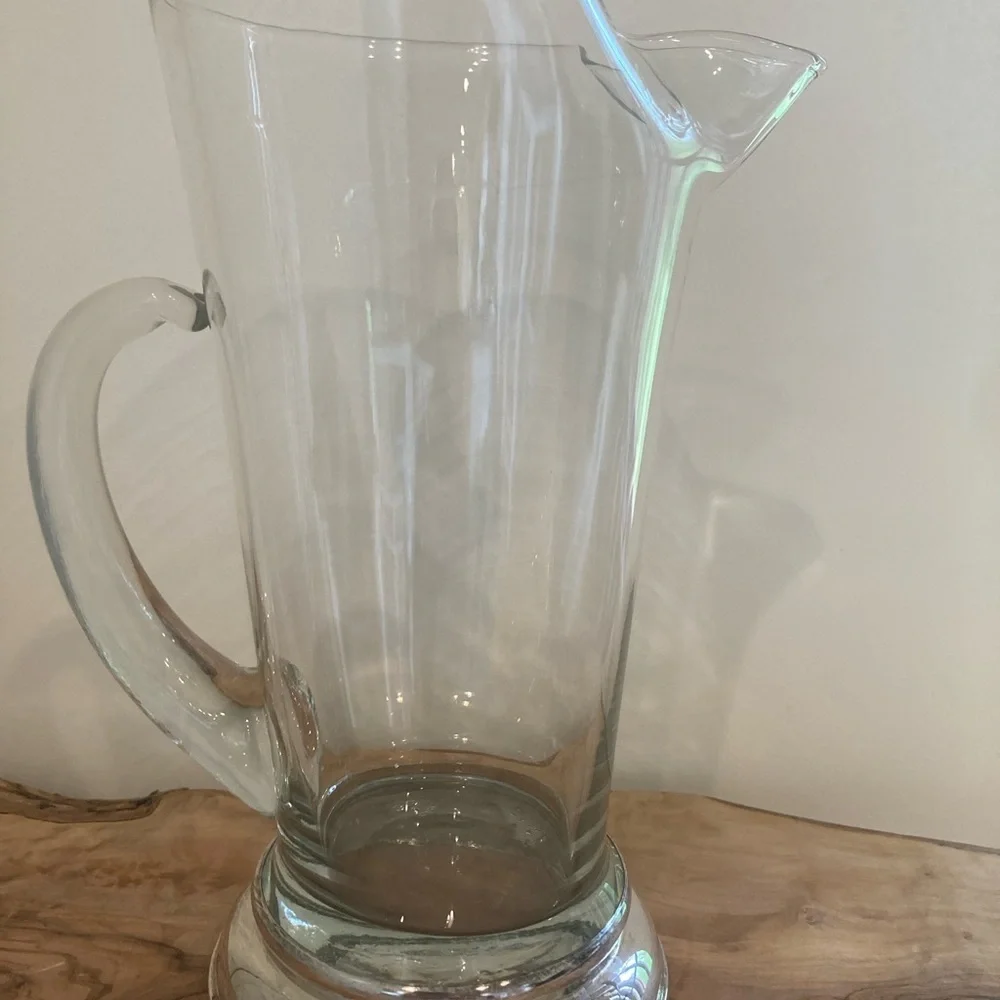 VTG MCM Clear Blown Glass Martini/Coctail Pitcher With Silver Base
